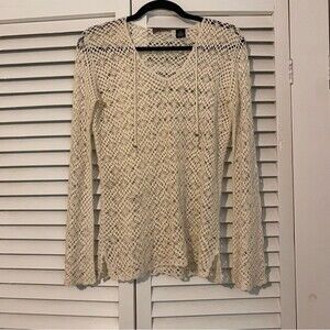 Cullen Size Medium Open Crochet Cream 70s Boho Long Sleeve Top Silk Blend